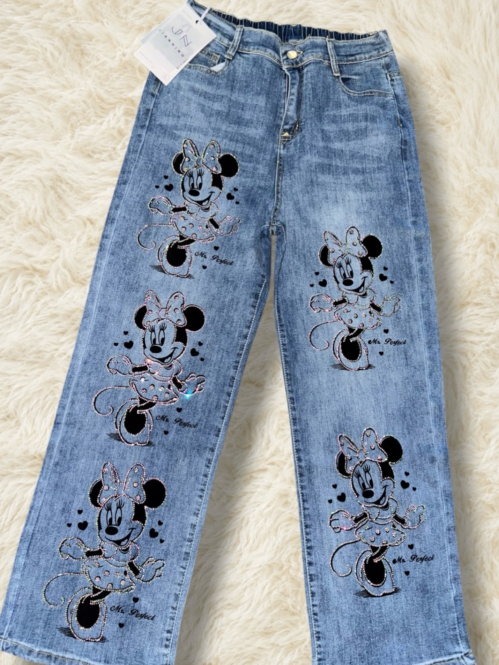 Minnie Mouse Rhinestone Denim Jeans Women’s Size L Blue Straight Leg